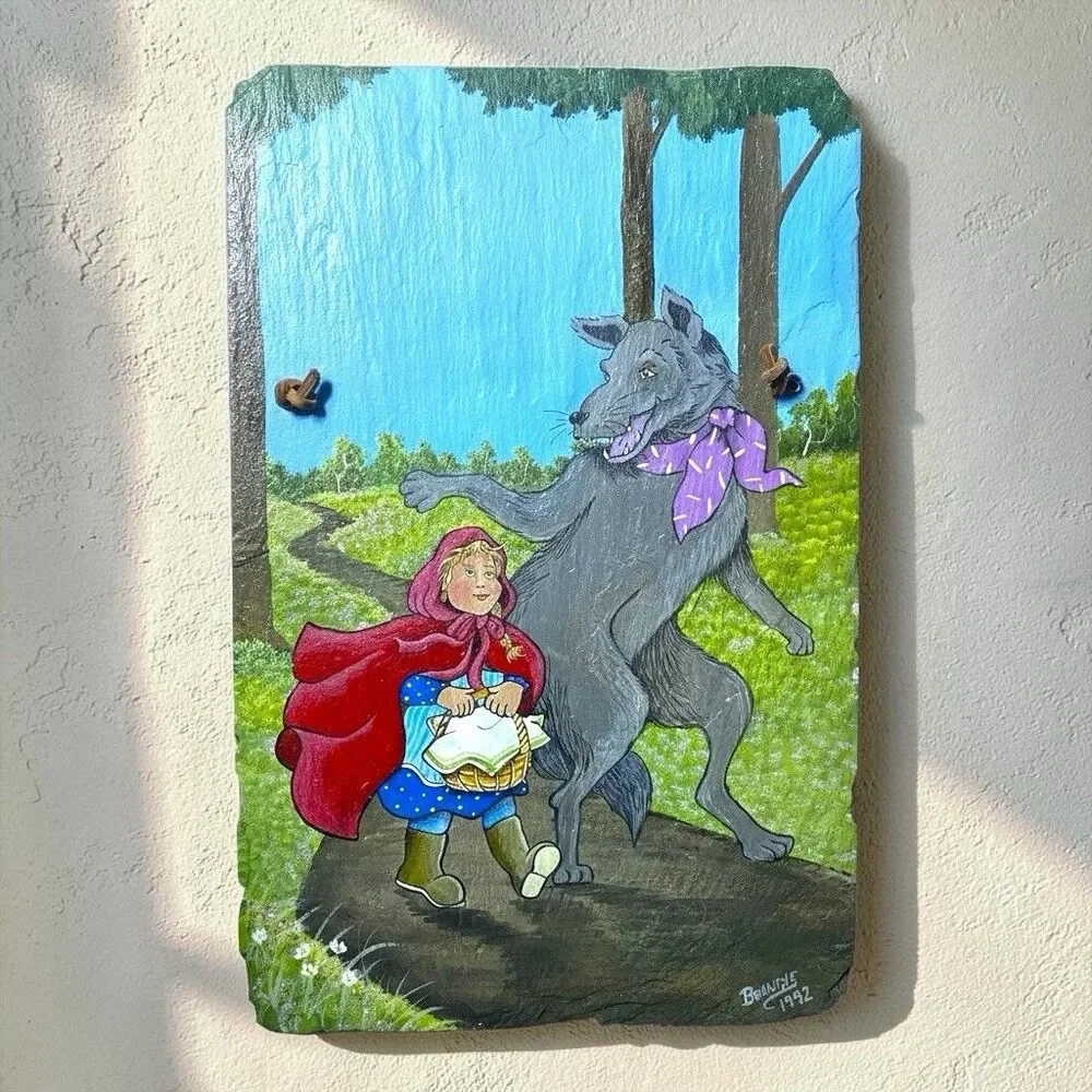 Vintage Hand Painted Little Red Riding Hood Wolf Slate Rock Wall Hanging Decor